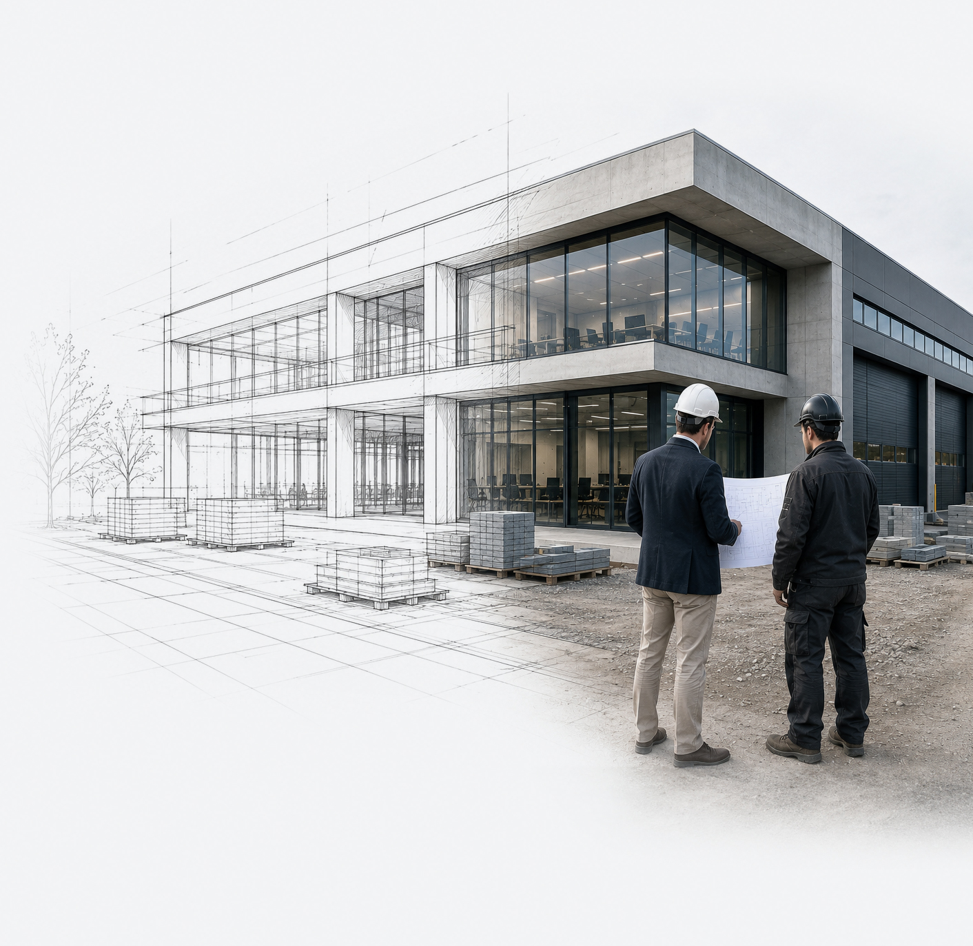 Planung eines Gewerbebaus – Architekt und Bauleiter mit Bauplan